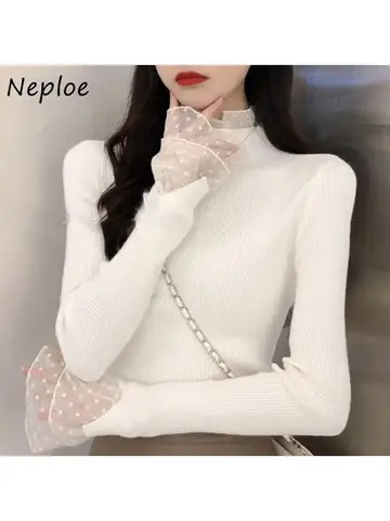 Neploe модные корейские свитера из двух частей, женские осенние милые кружевные топы с длинным рукавом, Женский облегающий вязаный пуловер Y2k