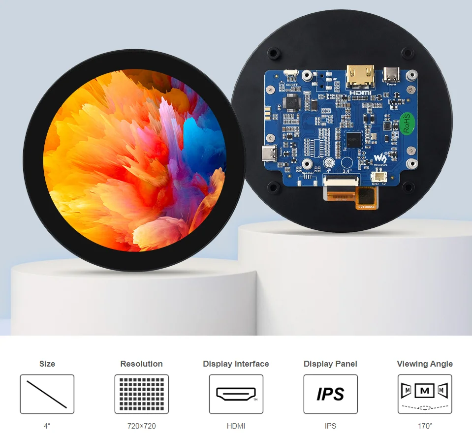 Фото Круглый сенсорный дисплей Waveshare 4 дюйма HDMI, 720 × 720, IPS, 10-точечный сенсорный экран, круглый ЖК-дисплей, панель из закаленного стекла с оптическим соединением №3