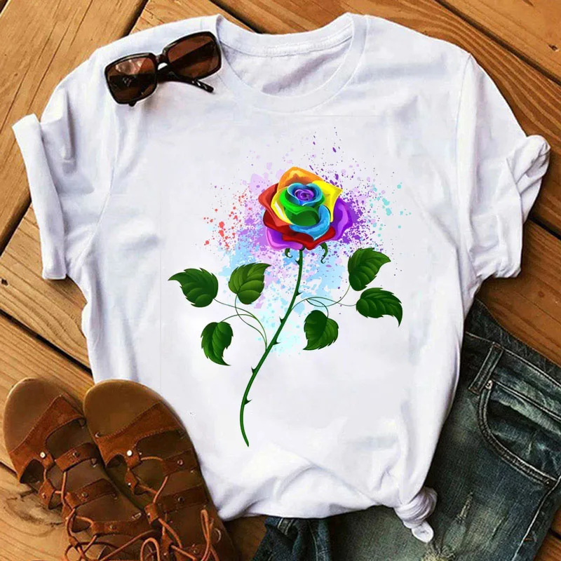 

Watercolor Rose Print T Shirt Women New Fashion T Shirt Ladies Girls Cute Graphic Tee Harajuku Women Tops Clothing Streetwear
