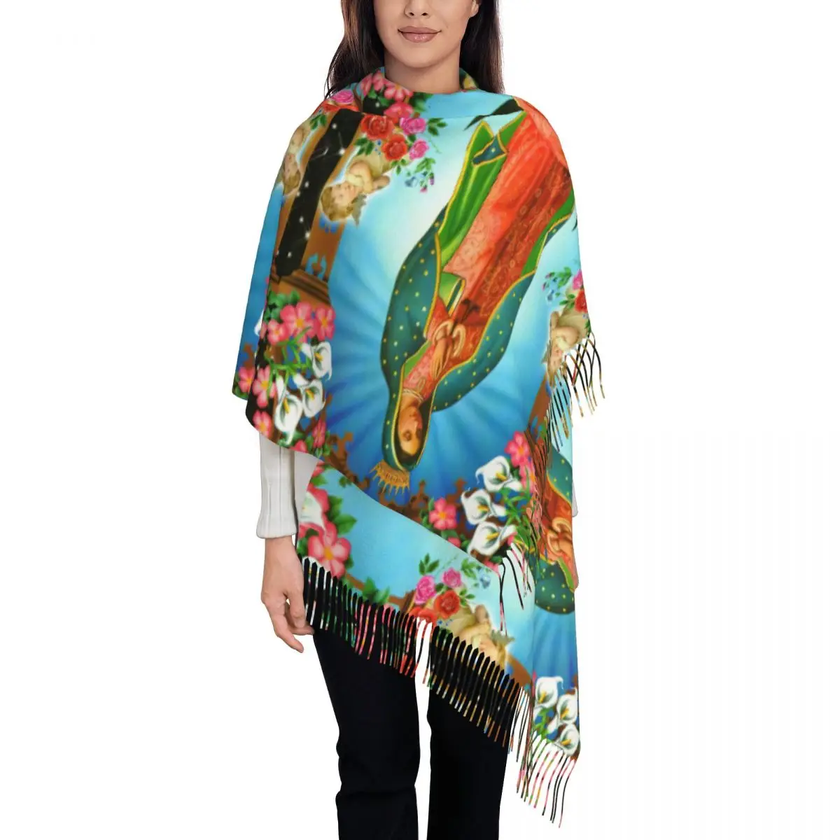 Женский теплый зимний шарф Дева Мария длинные шарфы с кисточками для вечернего