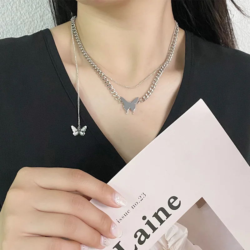 

Женская двухслойная подвеска в виде бабочки, подвеска в стиле Ins с холодным ветром, аксессуары в стиле хип-хоп, цепочка до ключиц, лето 2022