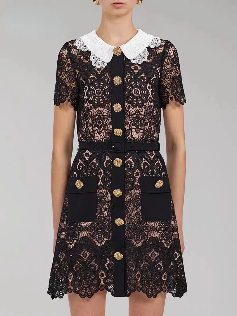 

2022 Summer New Flower Hollow White Doll Collar Unique Design Single Breasted Mini Lace Dress for Women