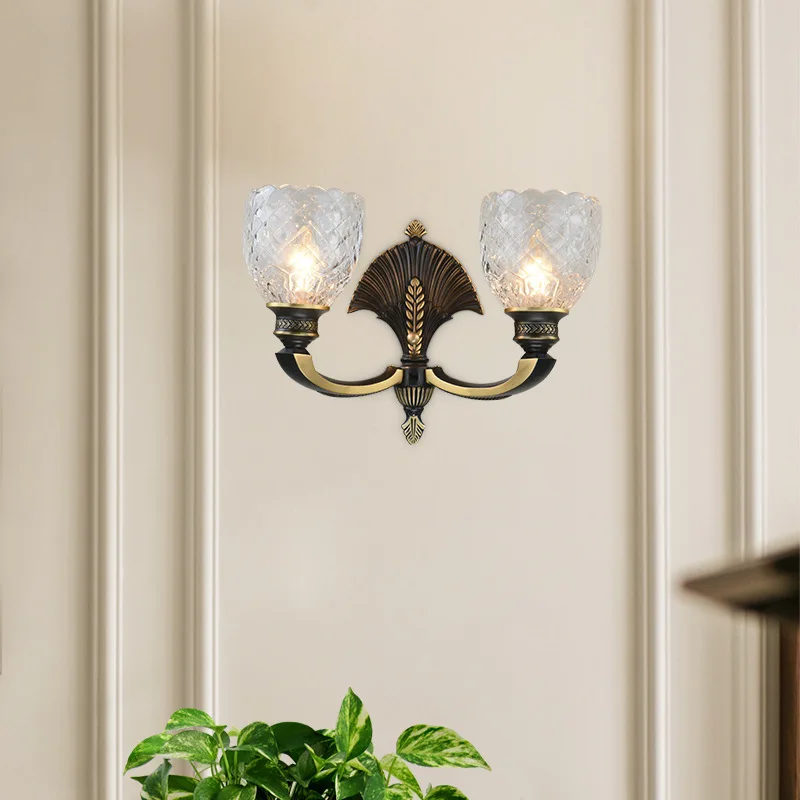 American Retro Classic All Copper Glass Wall Lamp Light Luxury Creative Study Bedroom Living Room