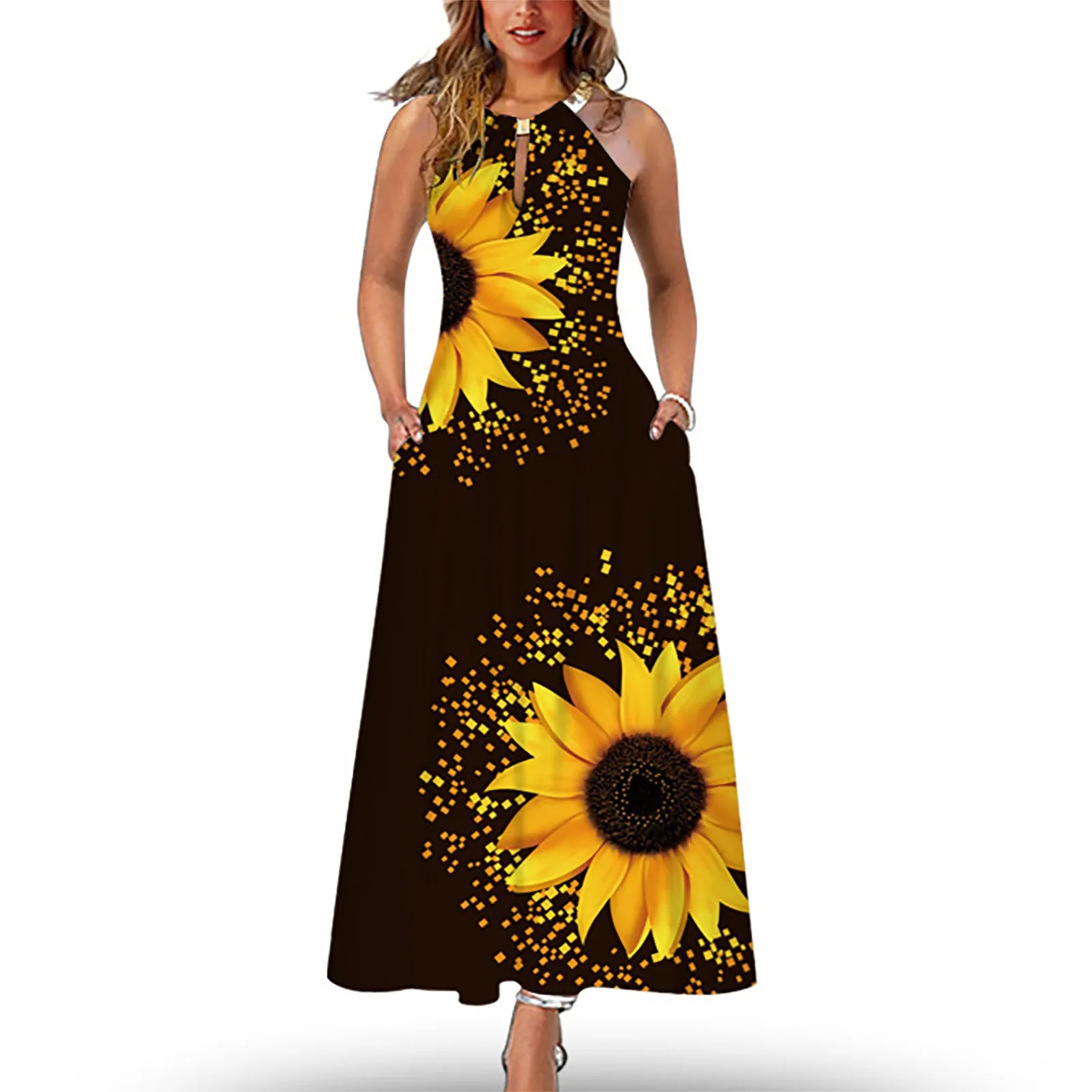 

Sunflower Printed Sleeveless Maxi Dress Women 2022 Summer Casual Beach Long Dresses Lady Sundress Female Party Dress Vestidos