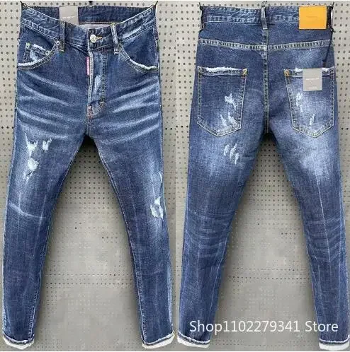 

Мужские рваные джинсы скинни синие джинсы с дырками в итальянском стиле Стрейчевые джинсовые брюки высокого качества мужские зауженные джинсовые брюки 38