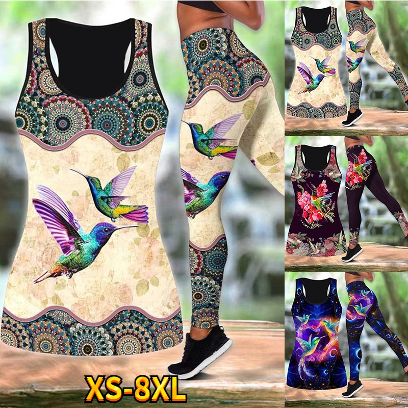 

3D Hummingbirds Print Yoga Suit Sports Tank Tops Yoga Leggings Keep SlimtYoga Pants Tops Suit XS-8XL