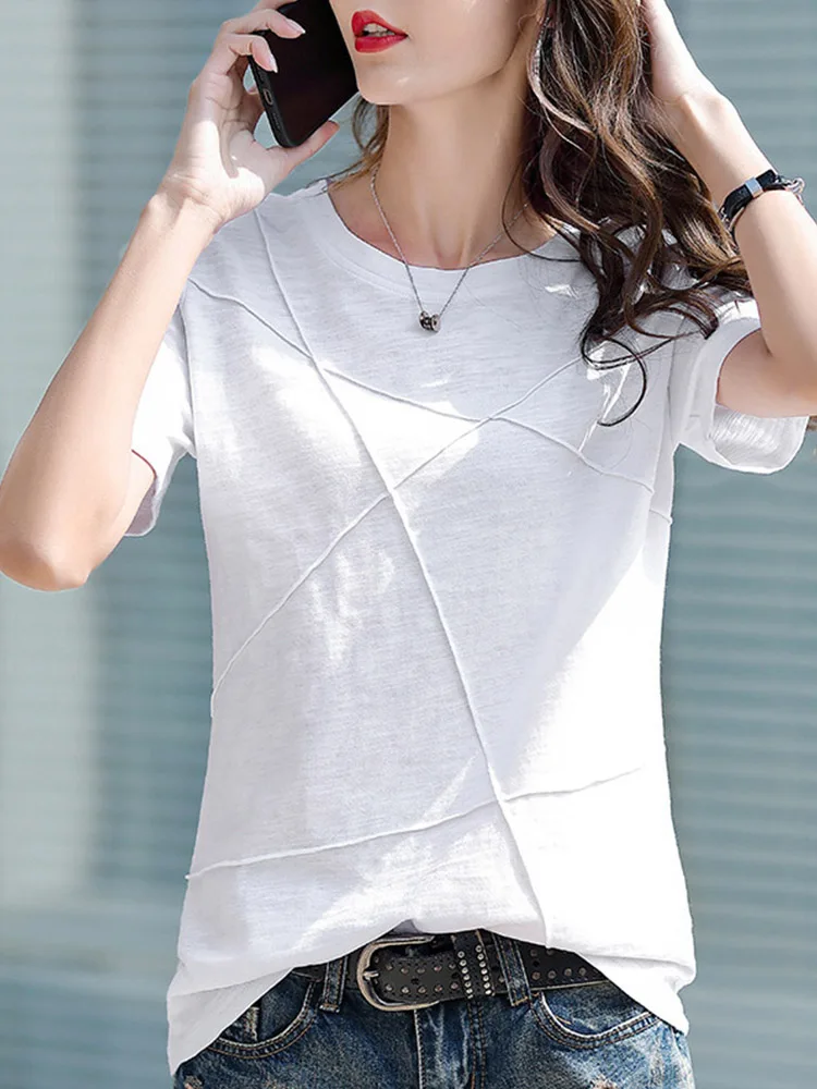 Летние тонкие хлопковые бамбуковые футболки женские 2024 в рубчик с круглым