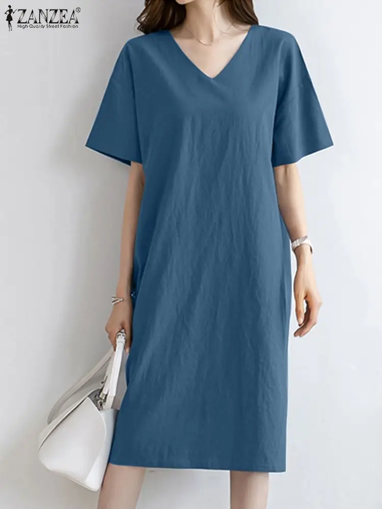 

ZANZEA, модный летний сарафан, элегантный, женский, v-образный вырез, короткий рукав, Повседневный, однотонный, Vestidos Robe Femme, 2022, до колена, OL, плать...