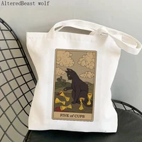 women shopper bag witchy magic five of cups cat tarot card bag harajuku canvas shopper bag girl handbag shoulder lady bag