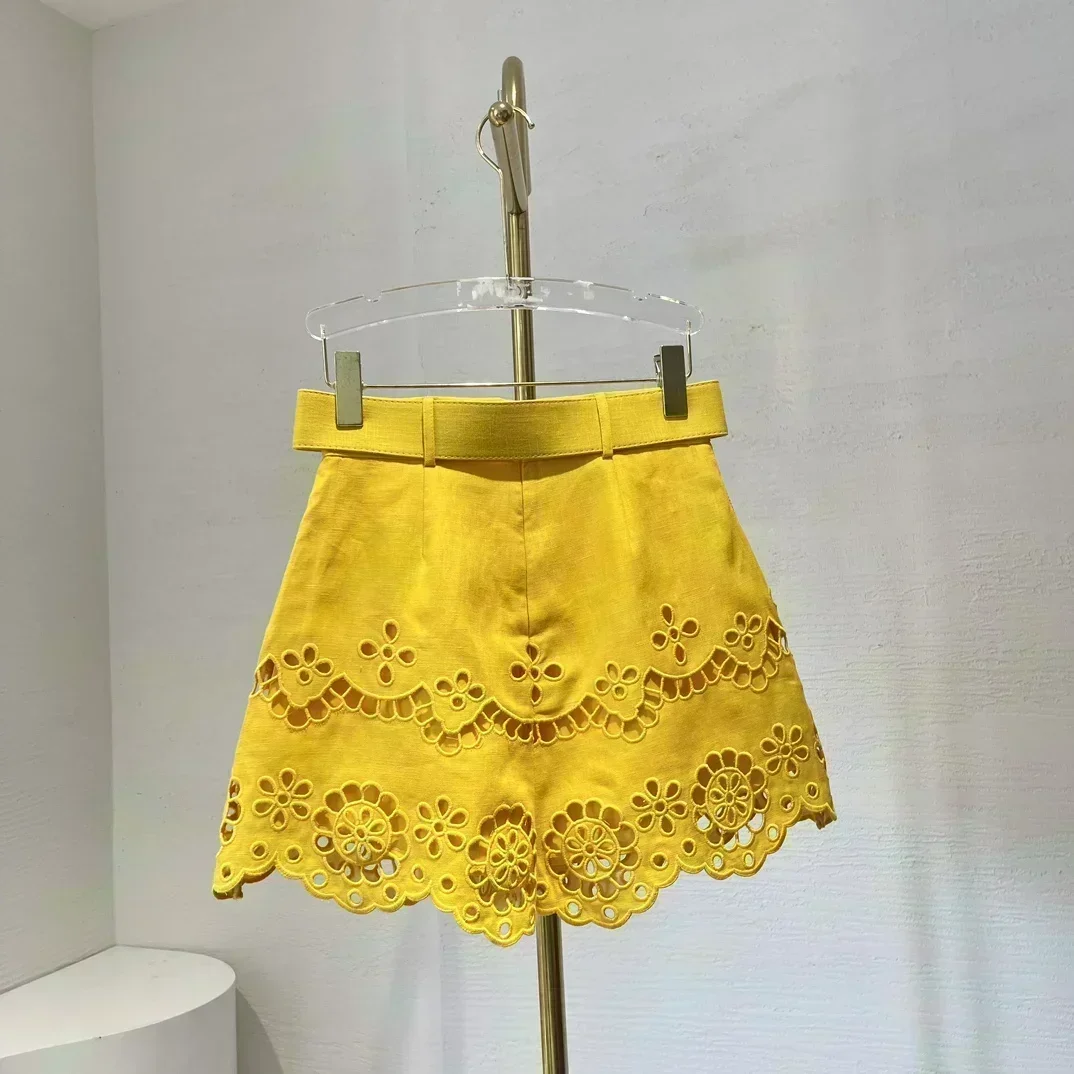 Чистый лен желтый 2024 высококачественная свободная блузка с цветочной вышивкой и