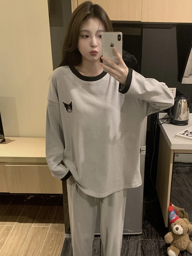 Spring and Autumn Winter Pajamas Women Dralon Warm Thin Velvet Long sleeve Cute Cartoon New Coral Fleece Home Wear Set