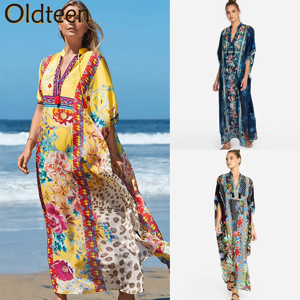 

2022 Boho Print Loose Kaftan Kimono Swimsuit New Fashion Bikini Cover-ups Even Dress Summer Woman Beach Wear Swim Suit Cover Up