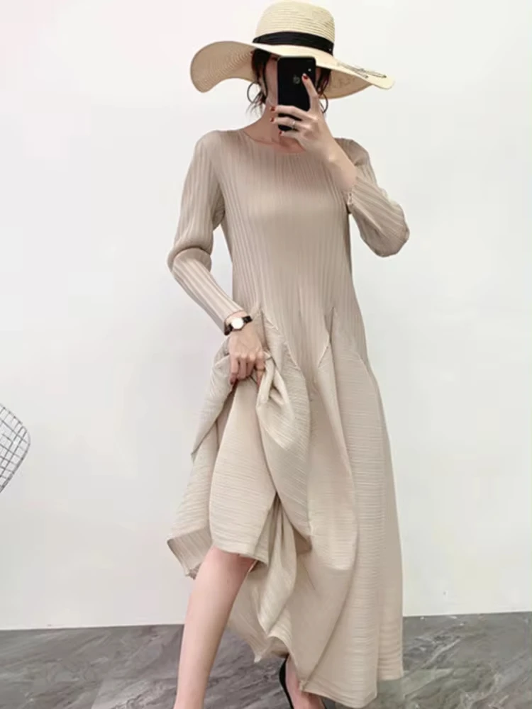 Женское плиссированное платье-макси ANLAN с круглым вырезом и длинными рукавами