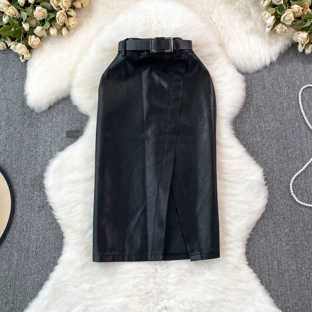 

Женская юбка из ПУ кожи, черная облегающая юбка средней длины с высокой талией и разрезом, Осень-зима
