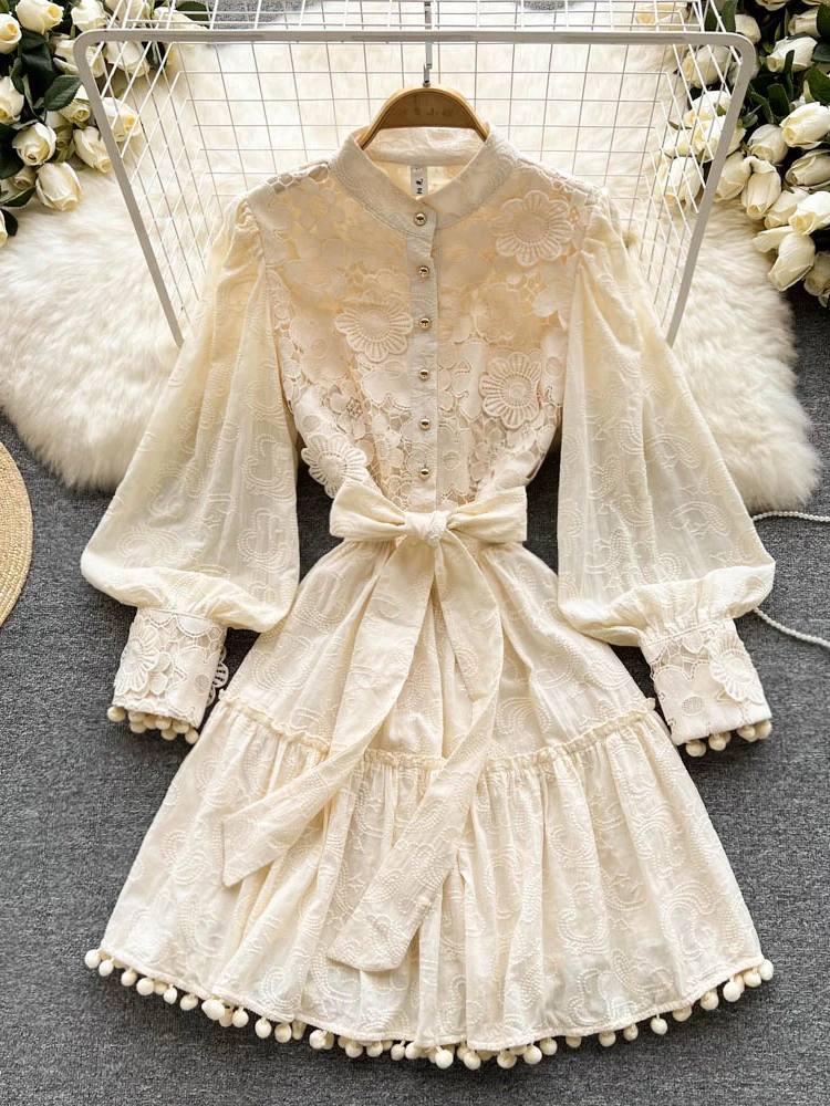 

Autumn Women Beige Lace Dress Female Elegant Single Breasted Lantern Long Sleeve High Waist Bandage Vestidos Luxury Party Robe