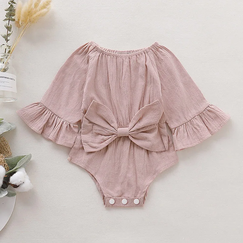 

0-24M Baby Girls Big Bow Triangle Romper Newborn Long Sleeve Cotton Bodysuits French Trumpet Sleeve Infant One Pieces Jumpsuit