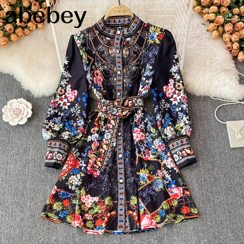 2022 New Spring Autumn Vintage stand collar long sleeve Dress single breasted high waist lace up print mid-length A-line Dress