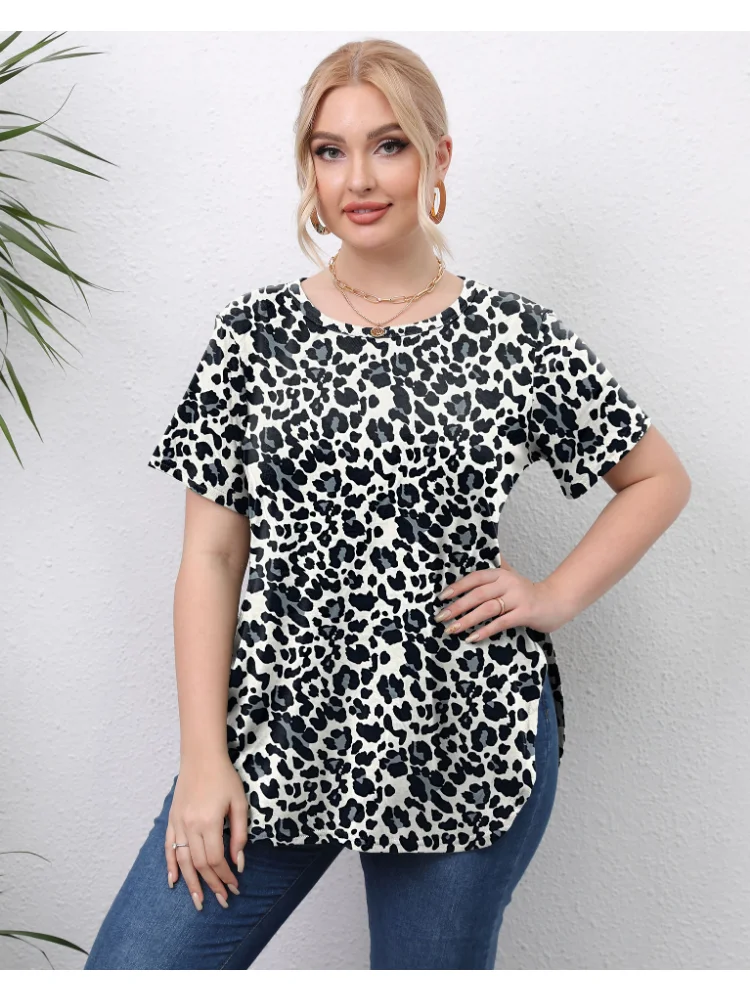 Women's clothing, non positioning printed T-shirt, split short sleeved casual round neck pullover top plus size blouse