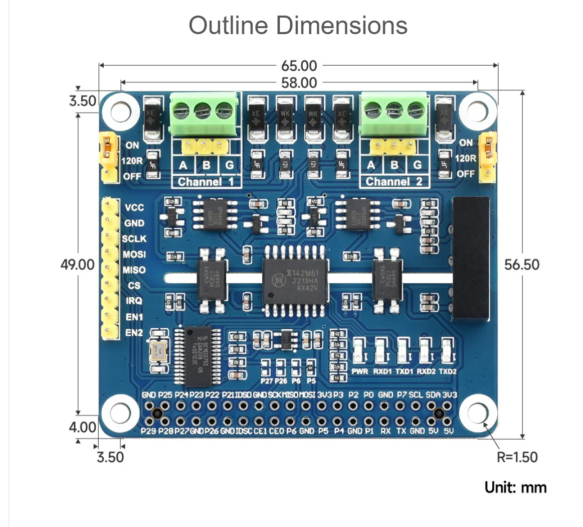 2-канальная Изолированная Расширительная шляпа RS485 для Raspberry Pi решение SC16IS752 + SP3485