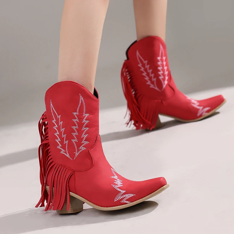 Western Boots Women Cowgirl Ankle Leather Black Red Rose Red Short Booties Fringe Decorate Embroidery Autumn Winter Warm Shoes