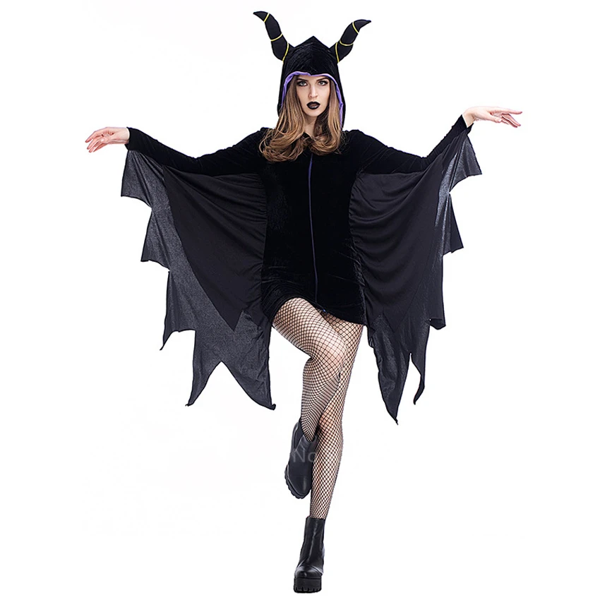 

Halloween Costume for Women Bat Vampire Cosplay Black Horns Hodded Dress Demon Female Fancy Gothic Sexy Carnival Party Jumpsuit