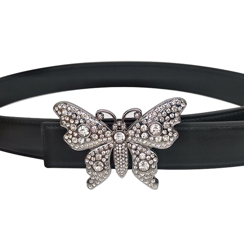 2021  Luxury DesignTrending Big Butterfly Rhinestone Buckle 3.5cm Wide Women Belts Microfiber High Waist Cummerbunds