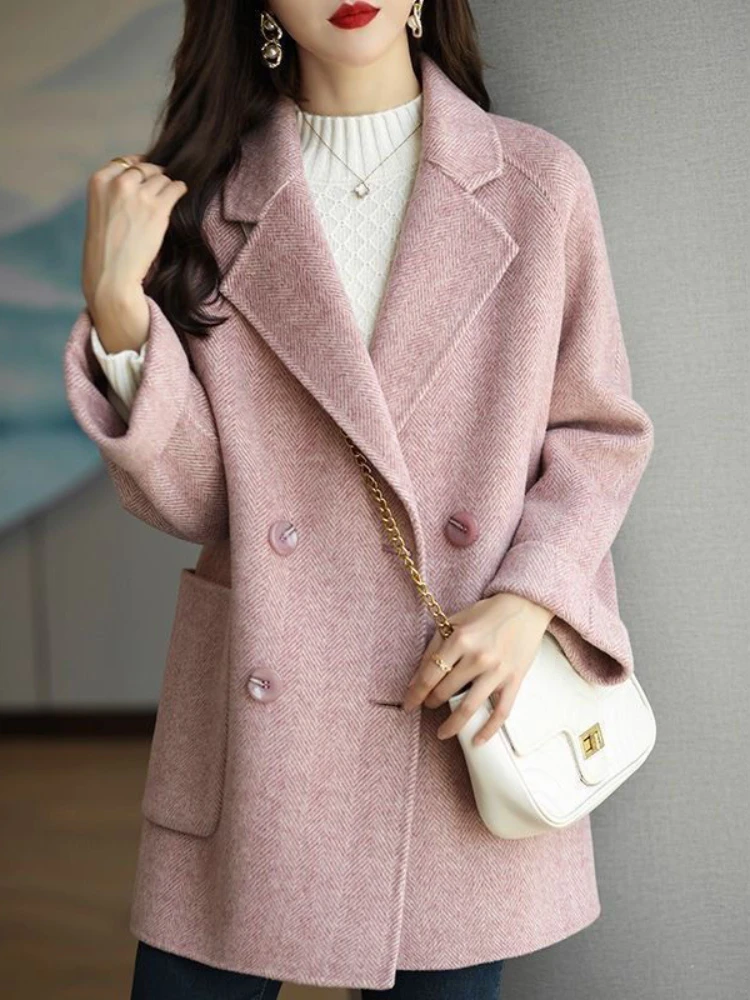 Women's Coats Fashion Woolen Overcoat Female Autumn Winter Wool & Blends Solid Pockets Elegant Woman Jackets 2022 Woman
