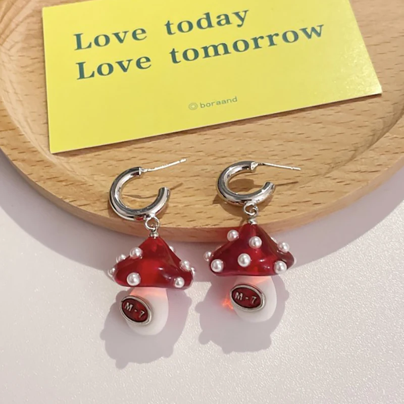 

Creative Mushroom Hoop Earring For Women Cute Pearl Red Mushrooms Sweet Jewelry Earring Wholesale Korean Style Cute Earring New
