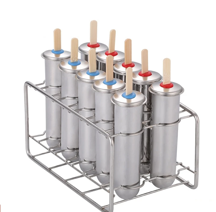 Wholesale 10 Cavities Home DIY 18/8 Stainless Steel Popsicle Models Cylinder Ice Lolly Mould Ice Cream Stick Mold