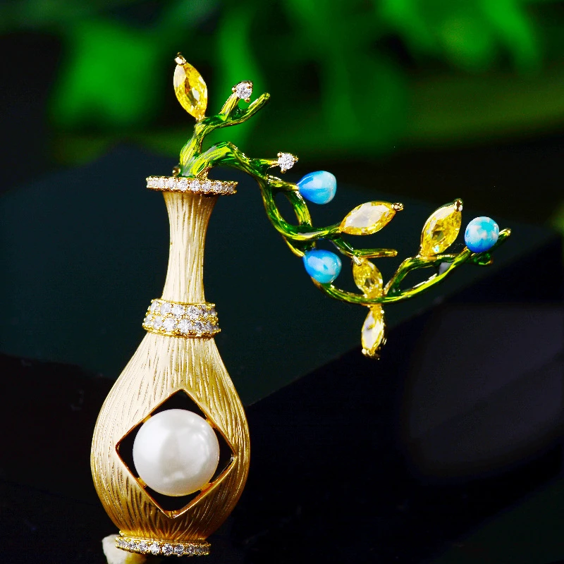 

2022 New National Style Vintage Vase Women Brooch Pin Elegant Atmosphere Freshwater Pearl Enamel Pins Clothing Accessories Broch