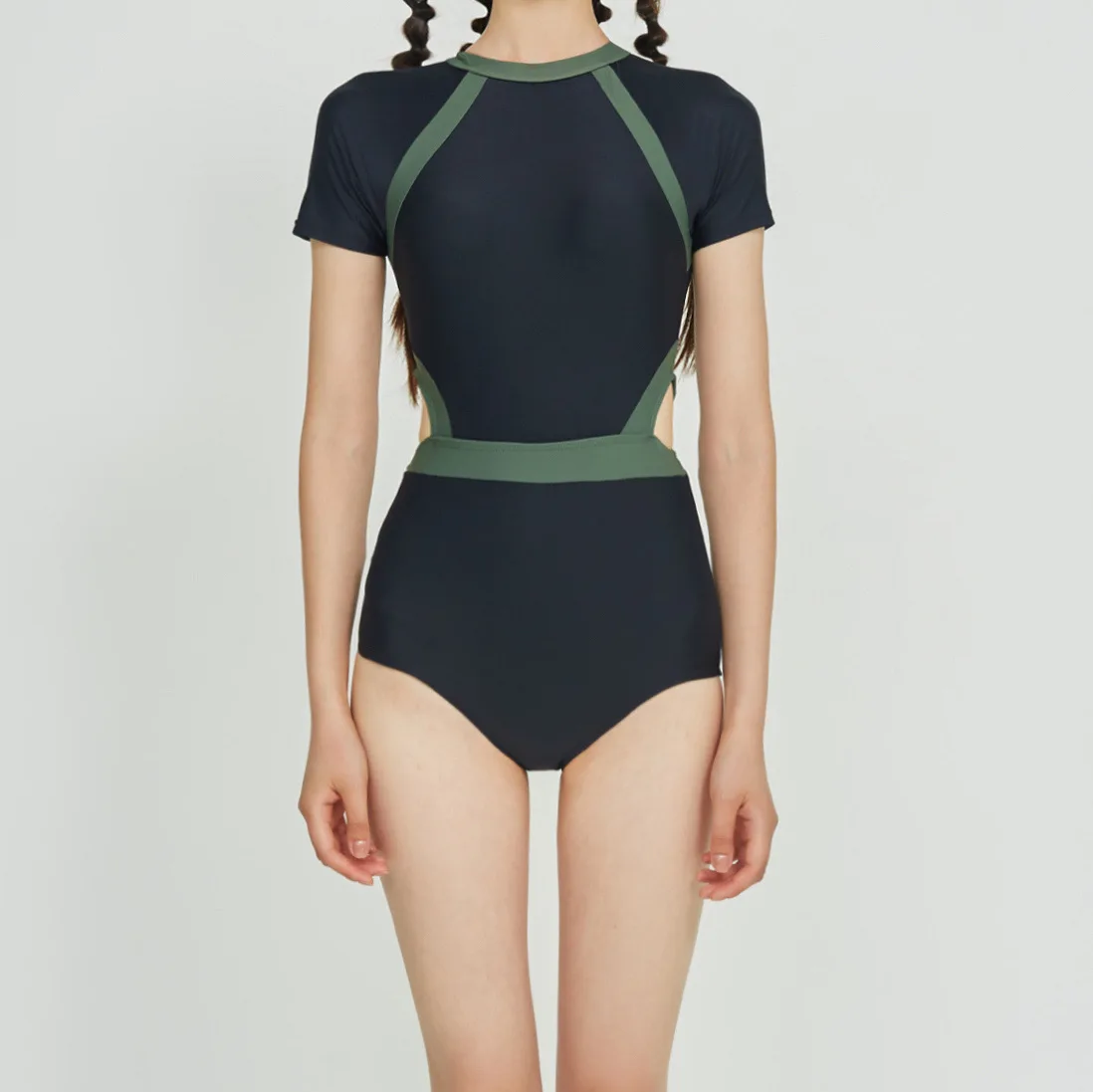 

Summer Green Girl Student Short Sleeve Sports Hollow Swimwear Sukumizu Bodysuit One-piece Swimsuit Wetsuit Women's Short Skirt