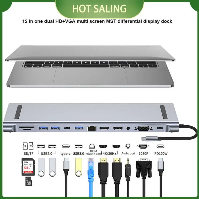 

New 12-in-1 Type-C Hub USB 3.0 Dual HDMI-compatible 4K RJ45 VGA USB 3.0 Cable Splitter Docking Station Adapter With Audio 3.5mm