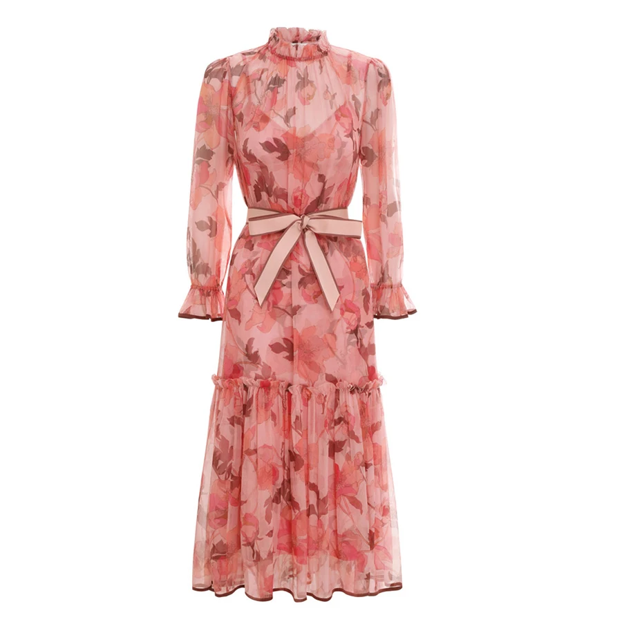 

Elegant Dresses for Women Sweet Pink trumpet sleeve Women Dress lace print belt Work Ceremony Female Clothing Summer Fashion