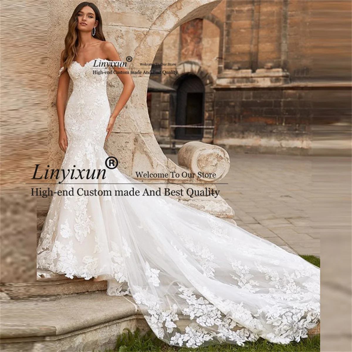 

Женское свадебное платье It's yiiya, белое кружевное платье с юбкой годе, короткими рукавами, пуговицами на спине и шлейфом на лето 2022