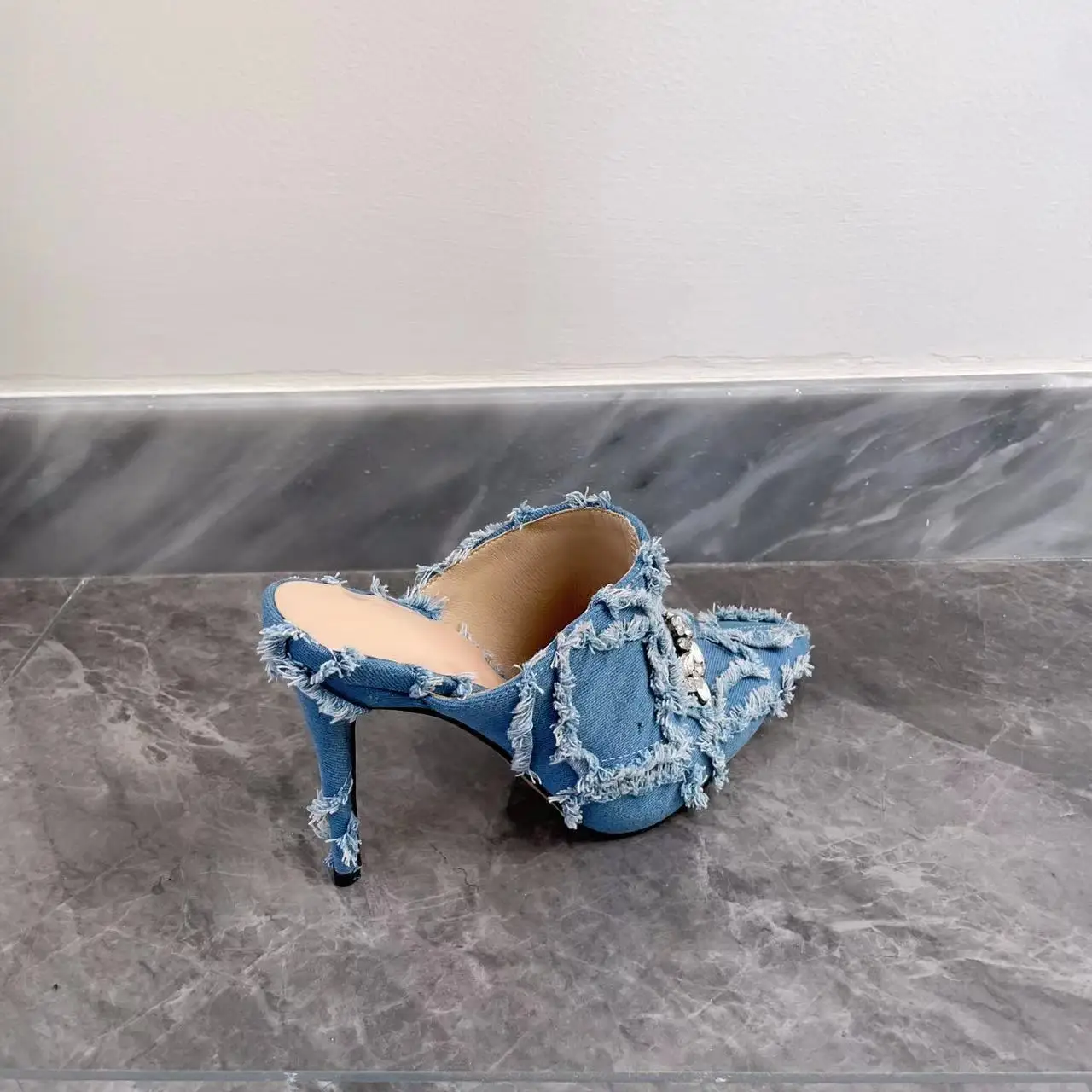 Classic Denim Luxury Crystal Tassel Slingback Slides Women Pointed Toe Blue Slip-on High Heels Slippers Lady Dress Banquet Shoes