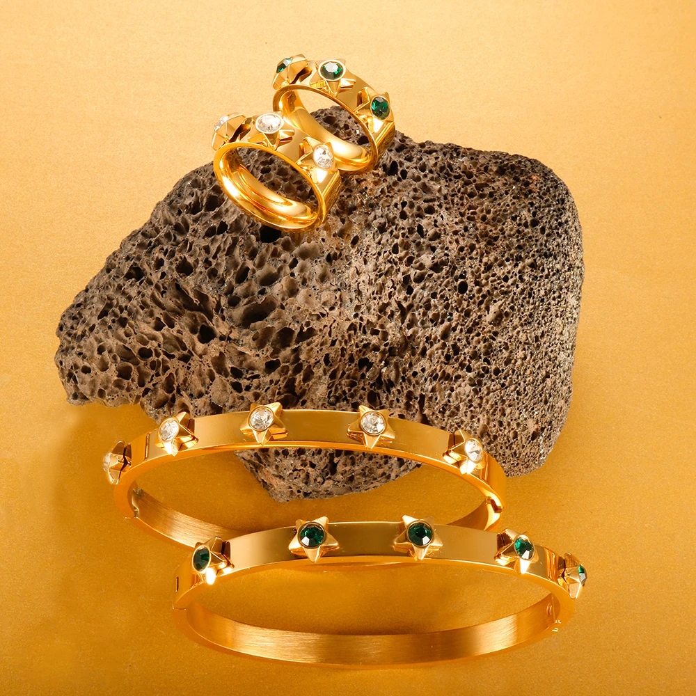 

Fashion Colorful Crystal Star Charm Cuff Bangle Bracelet Cubic Zircon Ring For Women Wedding Jewelry Set Gift