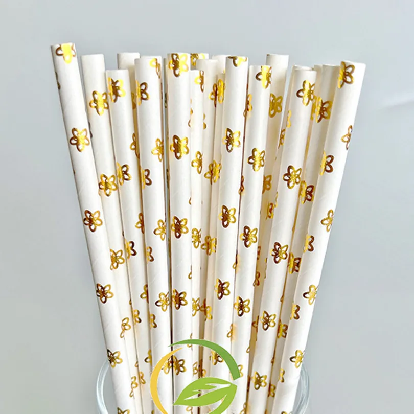 

200 pcs Metallic Gold Foil Floral Knot Paper Straws-Glitter Flower Garden Valentine Bridal Baby Shower Wedding Party Drinking