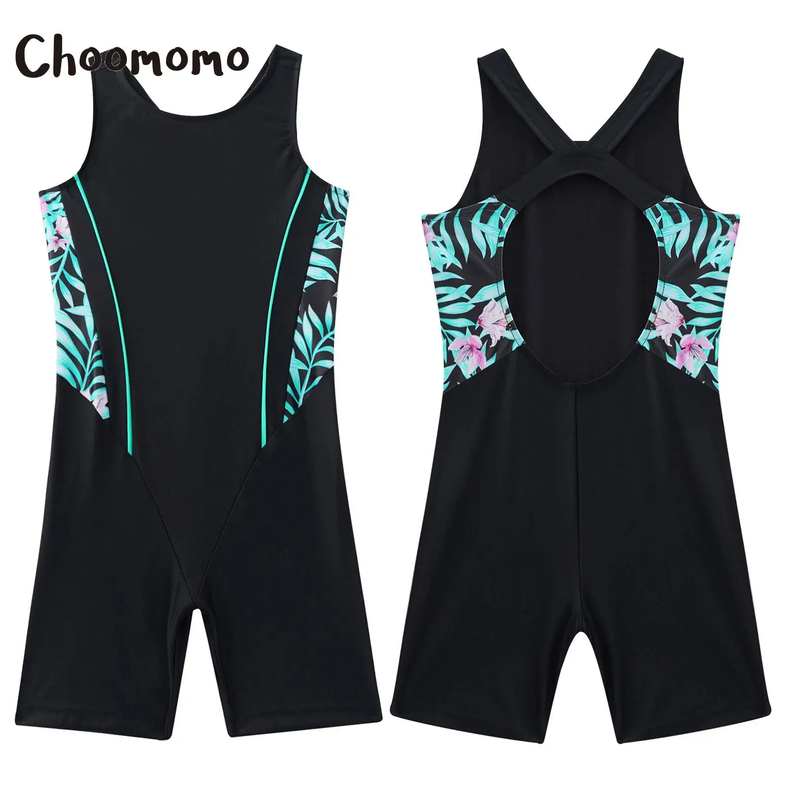 Choomomo Kids Girls Open Back Sleeveless One-piece Print Swimwear O-neck Short Jumpsuit Bodysuit for Vacation Beach Water Sports