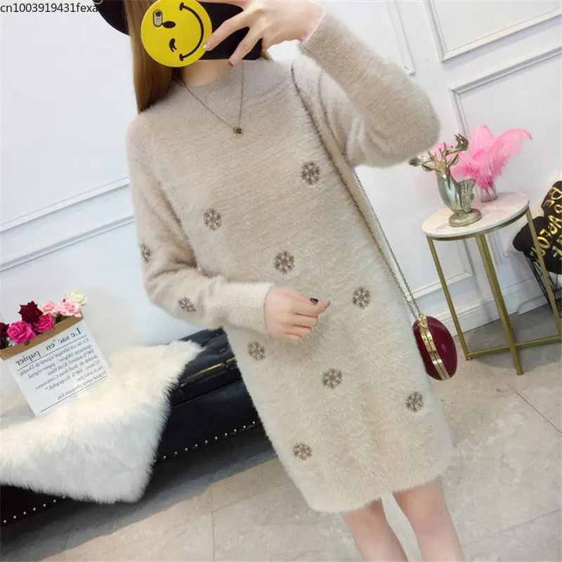 

Slim Women Knit Sweater Pullover New Fashion Lmitation Mink Cashmere White Dress Winter Half Turtleneck Sweater Jumper Vestidos