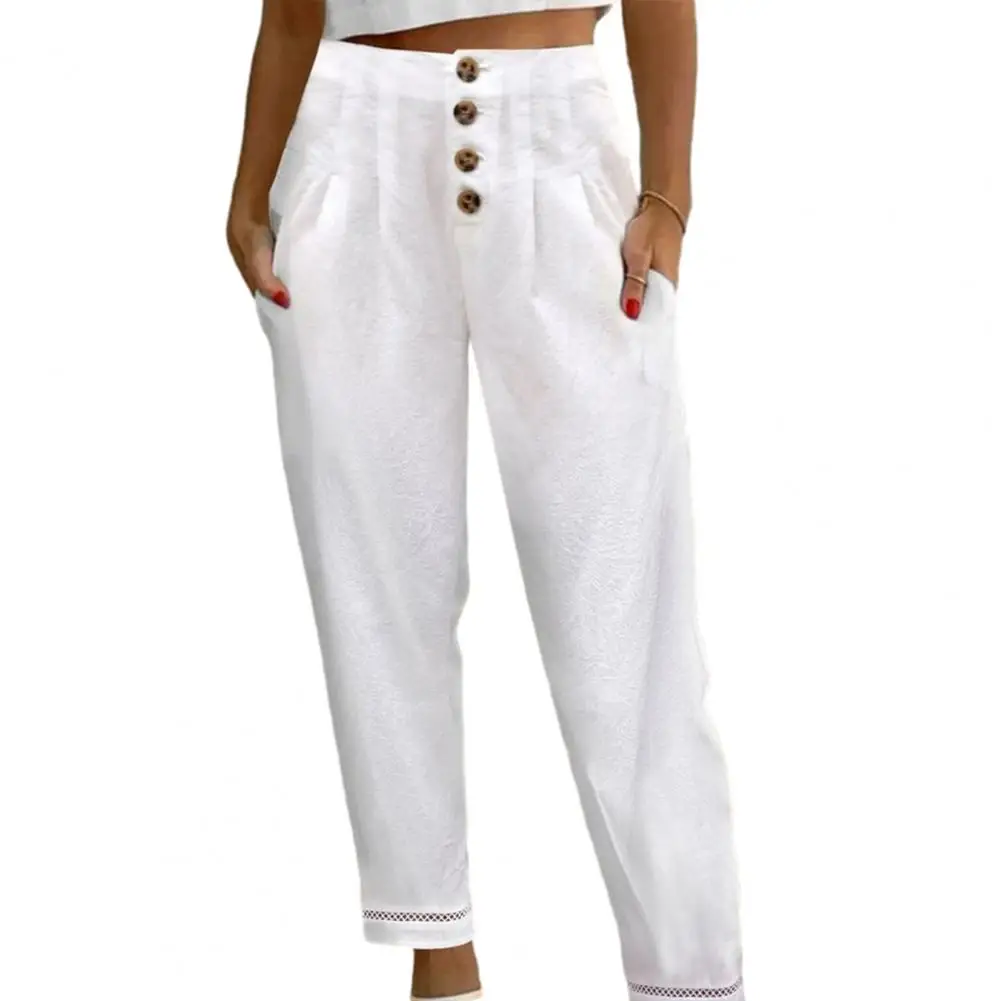 

Женские брюки с высокой талией и пуговицами, облегающие однотонные брюки-карандаш до щиколотки с карманами, Повседневные Дышащие женские брюки