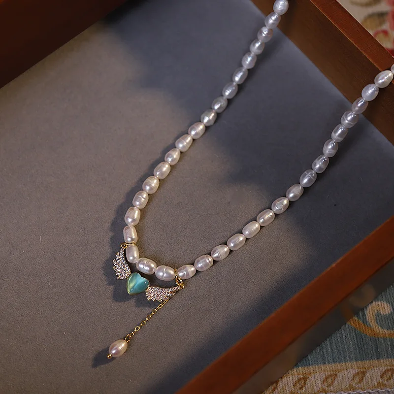 

Minar Trendy 100% Real Freshwater Pearl Choker Necklace for Women Female Sparkly CZ Cubic Zirconia Wings Pendant Necklaces Gift