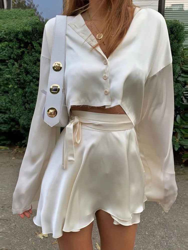 

Sexy Satin Women's Two Piece Set Dress for Women Casual White O-neck Button Tops Bandage Mini Pencil Skirts Outfits Party Suit