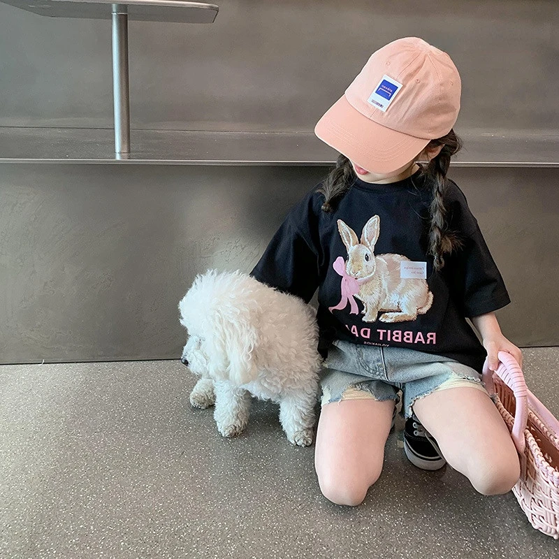 

2023 Summer Kids Bunny T-shirts Baby Girl Loose Fashion Tops Rabbit Short Sleeve Letters Clothes for Baby Girl Children Tee