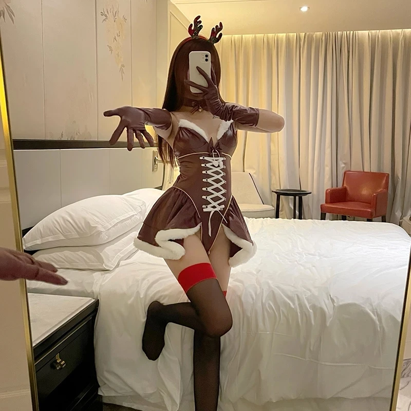 

Женский сексуальный Рождественский костюм Лолиты с открытой спиной, бандажные плюшевые костюмы горничной с V-образным вырезом, прозрачные ...