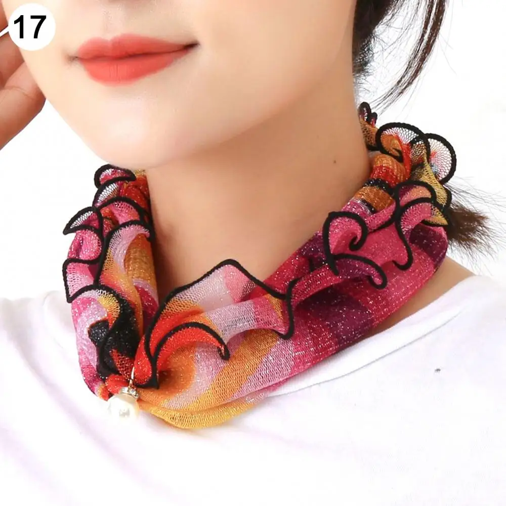 

Women Ruffled Lace Chiffon Scarf Faux Pearl Pendent Print Neckerchief Headband