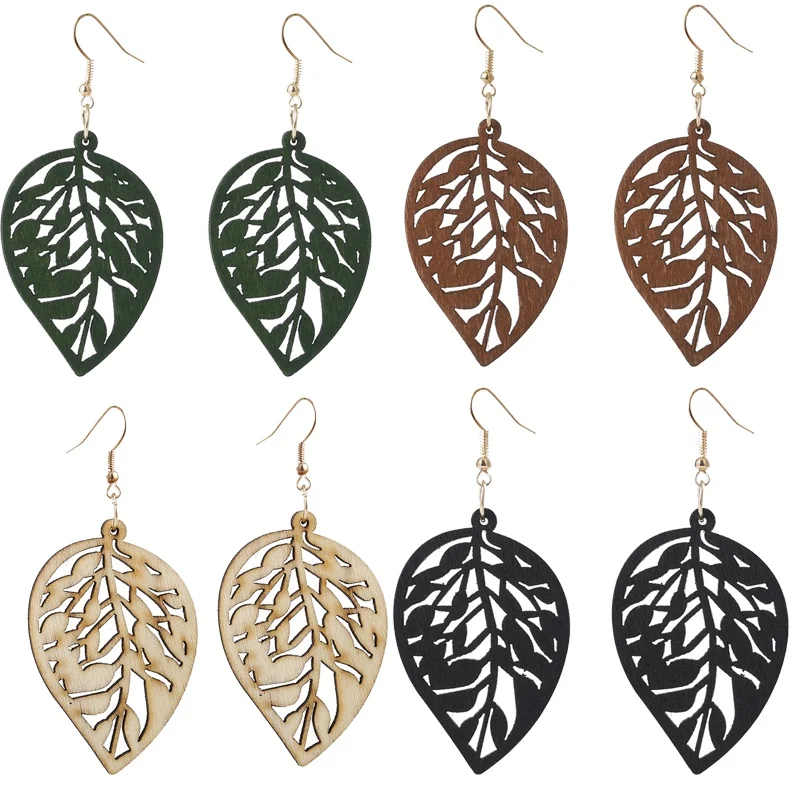 

Wood Hollow Tree Leaf Drop Earrings for Women Designer Bohemian Ethnic Jewelry Ear Wear Accessories
