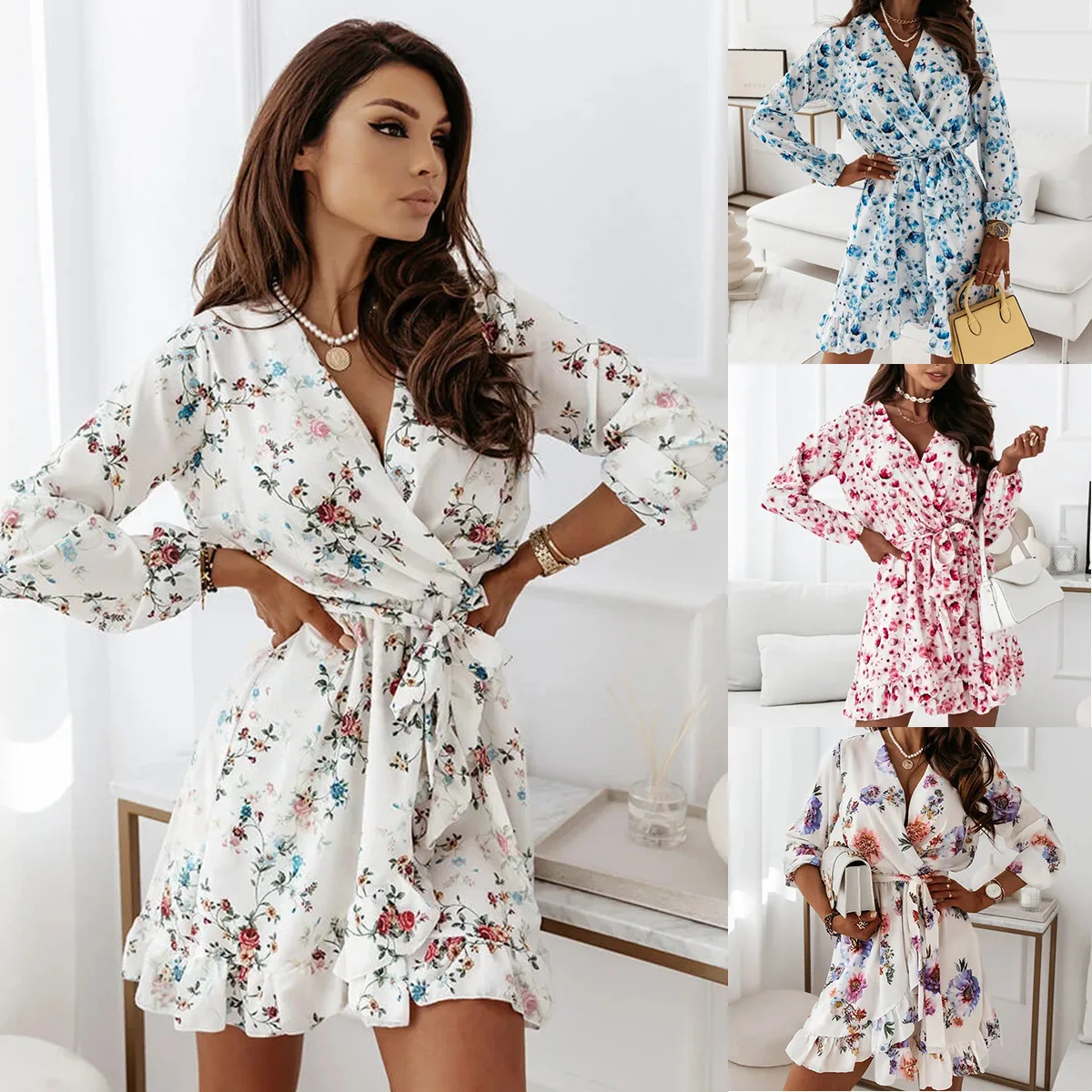 

Autumn Women Dresses Long Sleeve Ruffles Sexy Party Casual Floral Mini Dress Lace Up Fashion Elegant Short Dress Office Vestidos