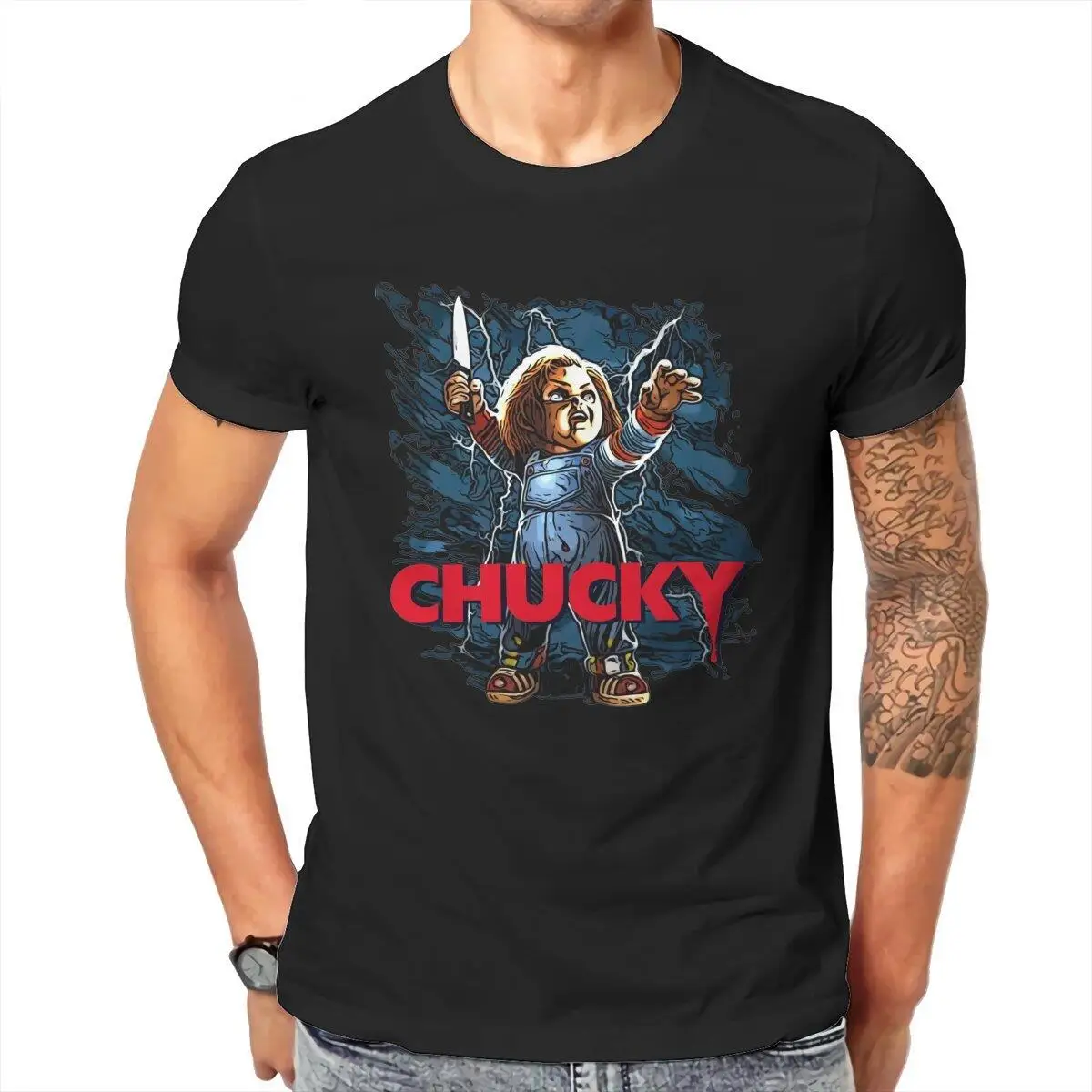 Chucky Child's Play Doll  T Shirt Men Cotton T-Shirts Round Neck Horror Halloween Male Tee Shirt Short Sleeve Clothes Printed