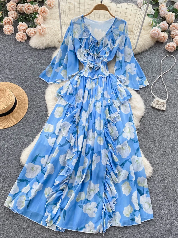 

Autumn Vintage Floral Chiffon Long Dress Female Elegant V-Neck Flare Sleeve Ruffle Big Swing High Waist Vacation Beach Vestidos