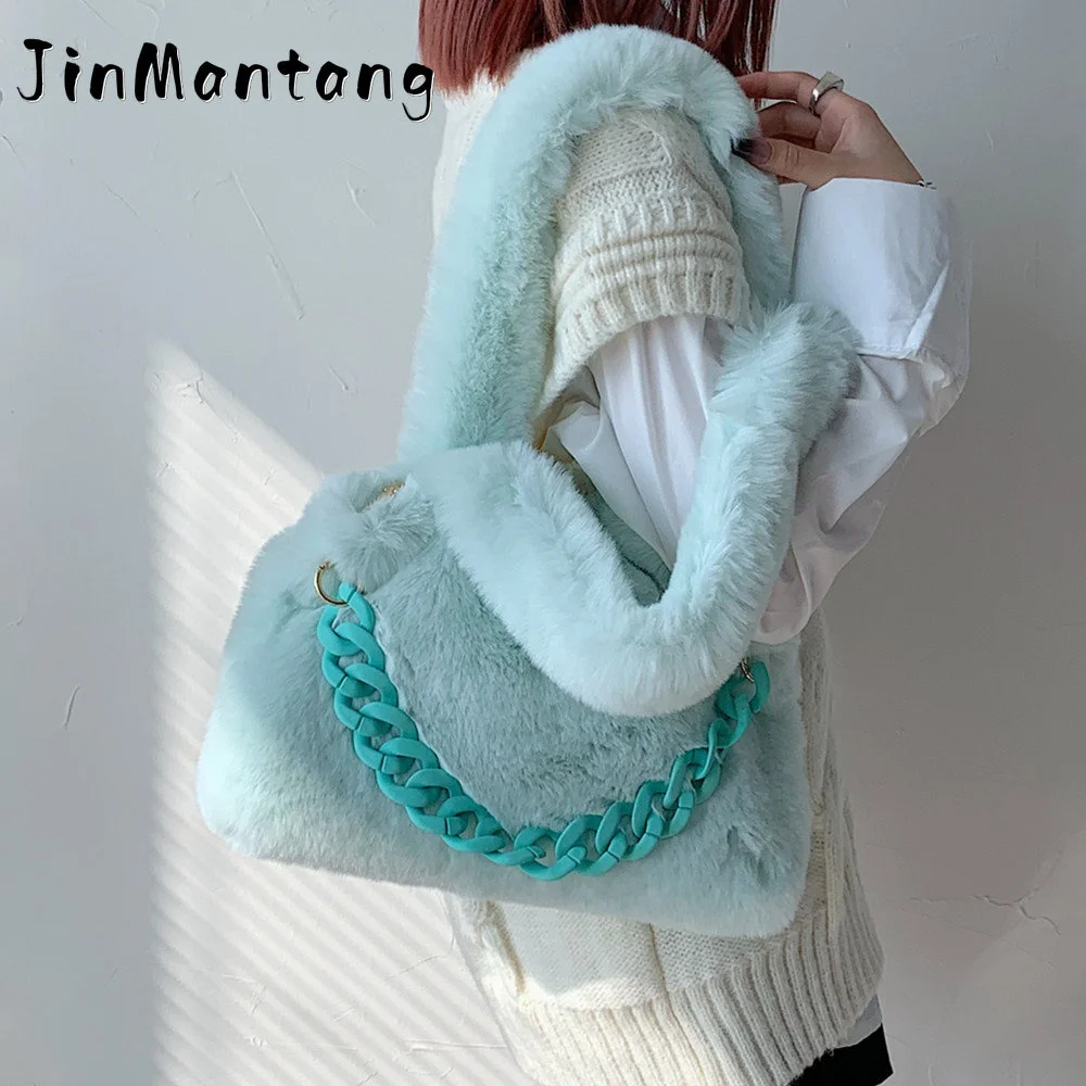 

Fluffy Faux Fur Soft Shoulder Bags For Women Winter 2023 Korean Plush Kawaii Large Ladies Handbags Candy Color